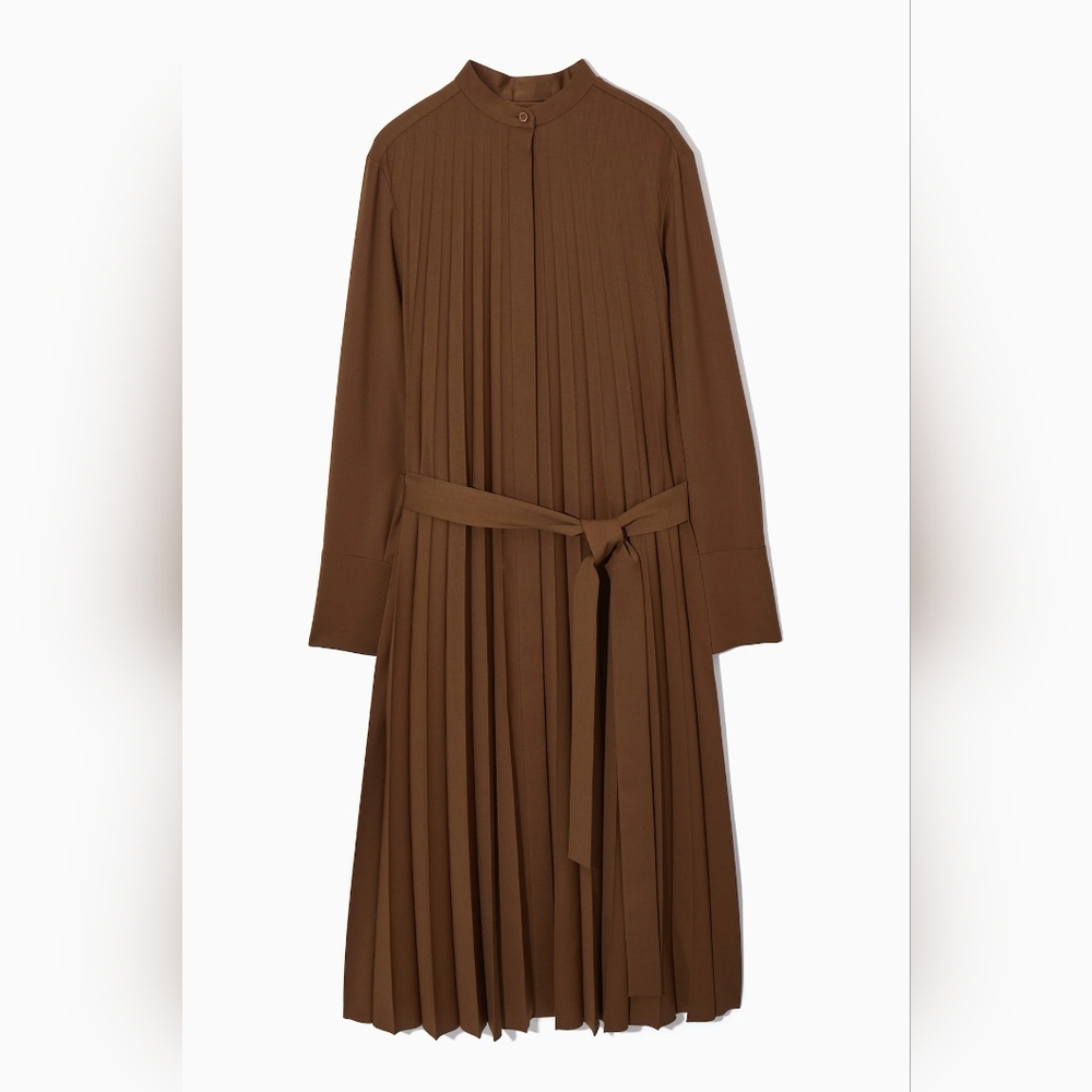 COS Brown Pleated Midi Shirt Dress with Waist Tie